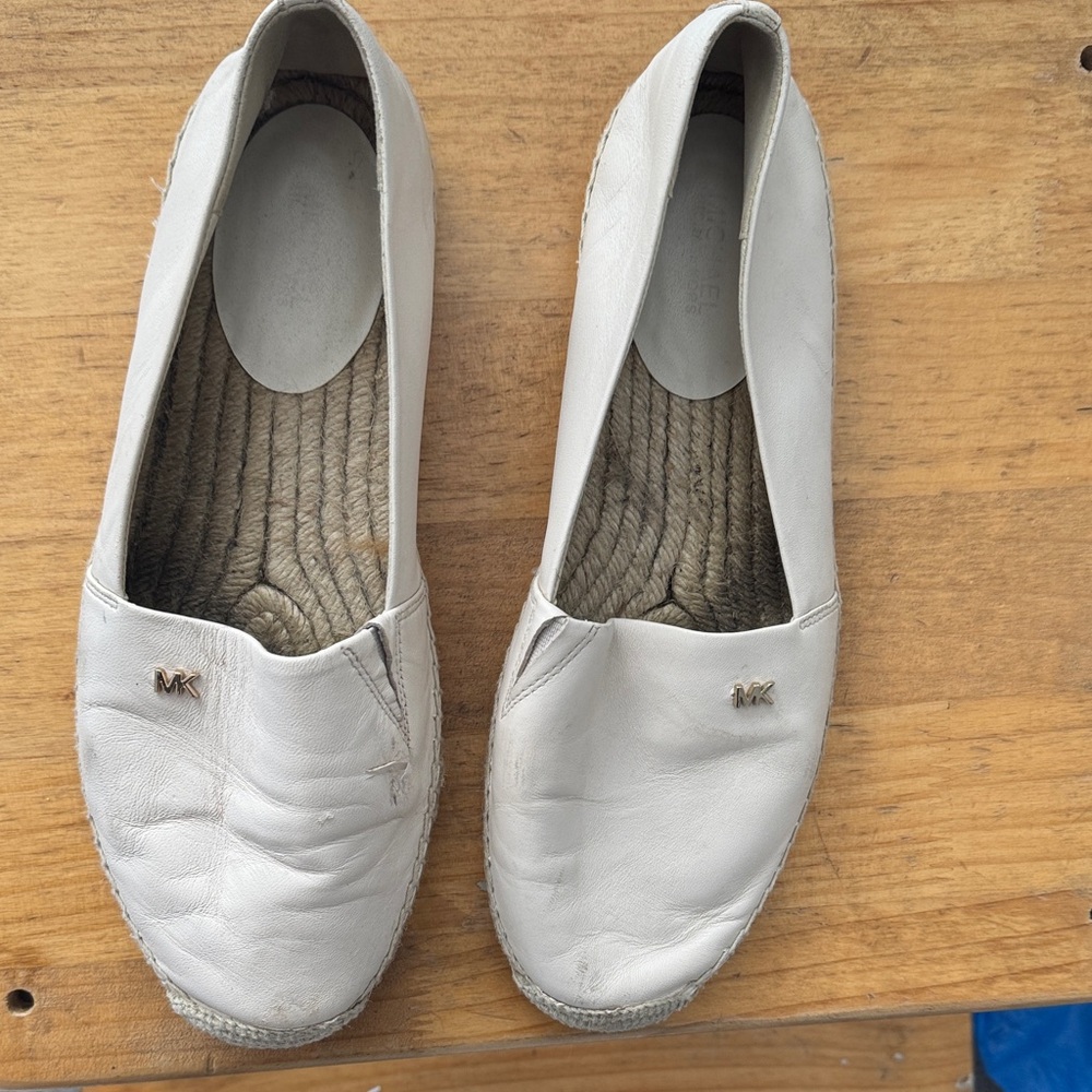 Michael Kors worn beige leather kendrick espadrille jute inner slip on street 10